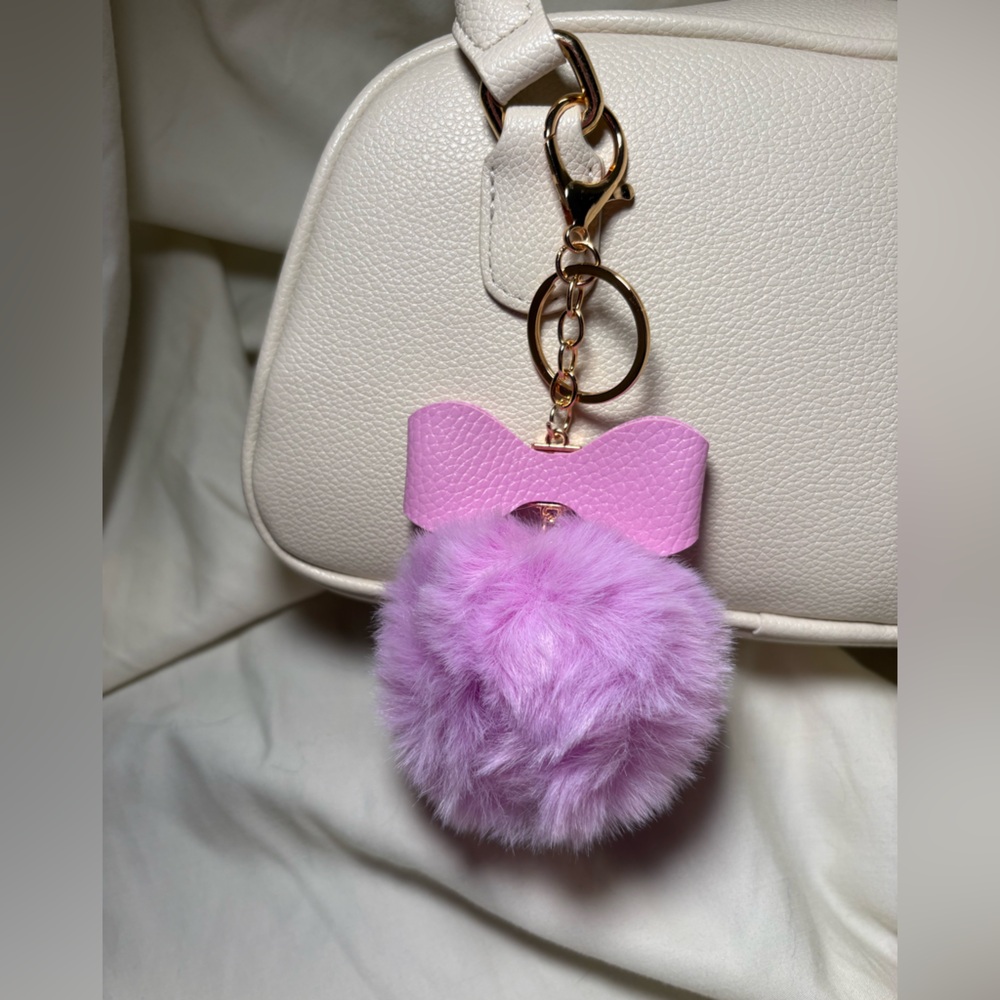 Lavender Fluffy Rhinestone Bow Pom Pom Keychain Bag Charm - Picture 2 of 2